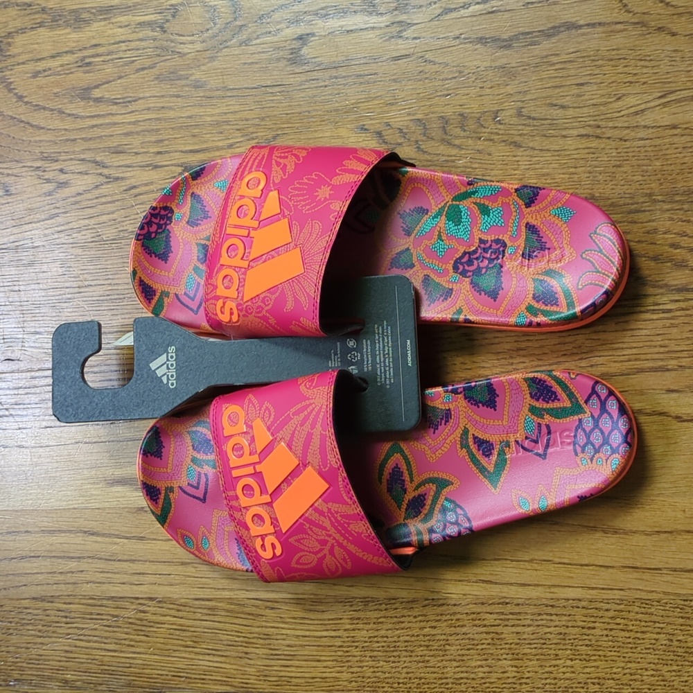 NWT FARM Rio Slide Sandals Adidas Collaboration Women's Size 11 Red Floral Print - Picture 12 of 14